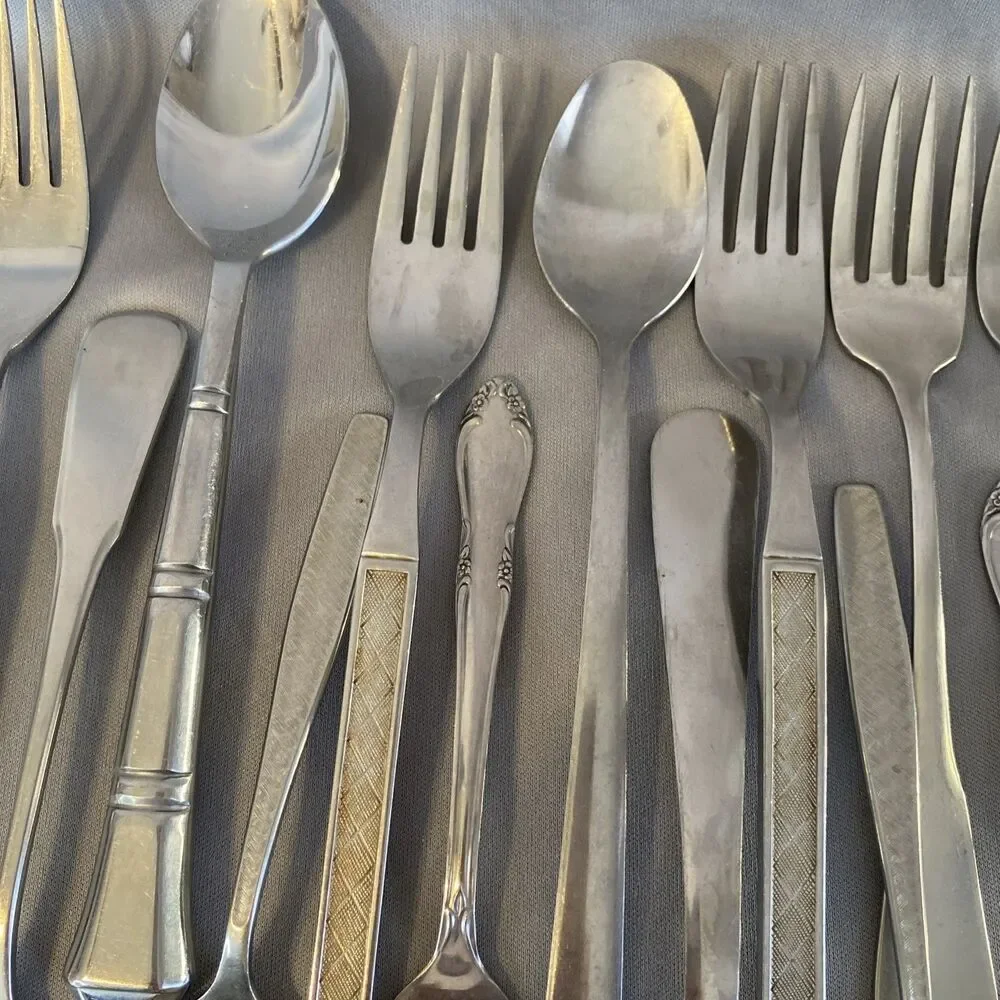 Vintage Lot Mixed Stainless Steel Flatware Silverware MCM Floral Textured Atomic